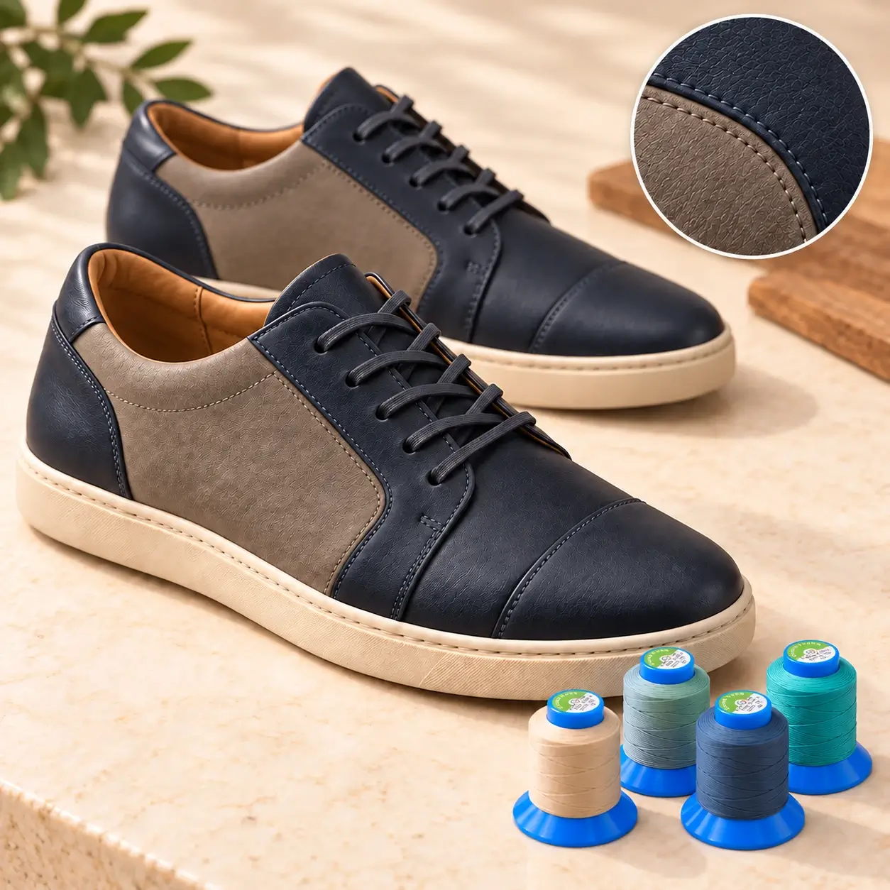 Two tone navy and beige sneakers on a light countertop with sewing thread spools in the foreground suggesting craft or repair