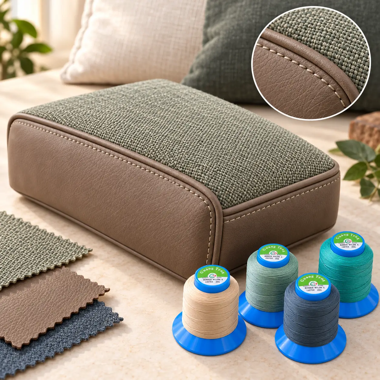 Fabric covered storage ottoman with brown leather trim plus color thread spools and fabric swatches in the foreground suggesting upholstery project setup