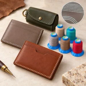 Leather wallets with colorful thread spools arranged on a crafting counter ready for stitching