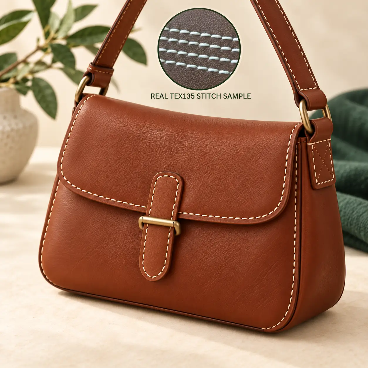 Brown leather handbag with a flap and gold buckle white contrast stitching along edges inset shows a close up of stitch pattern on textured leather