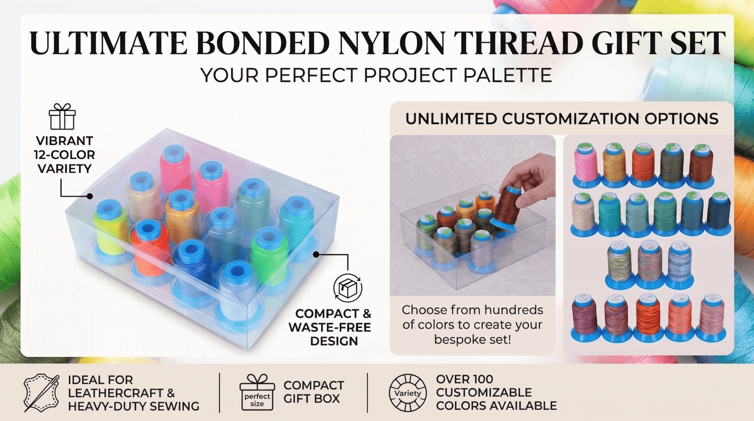 Banner advertising an Ultimate Bonded Nylon Thread Gift Set with a 12-color variety case and unlimited customization options, showing colorful spools in a clear box and mounted on a pastel layout