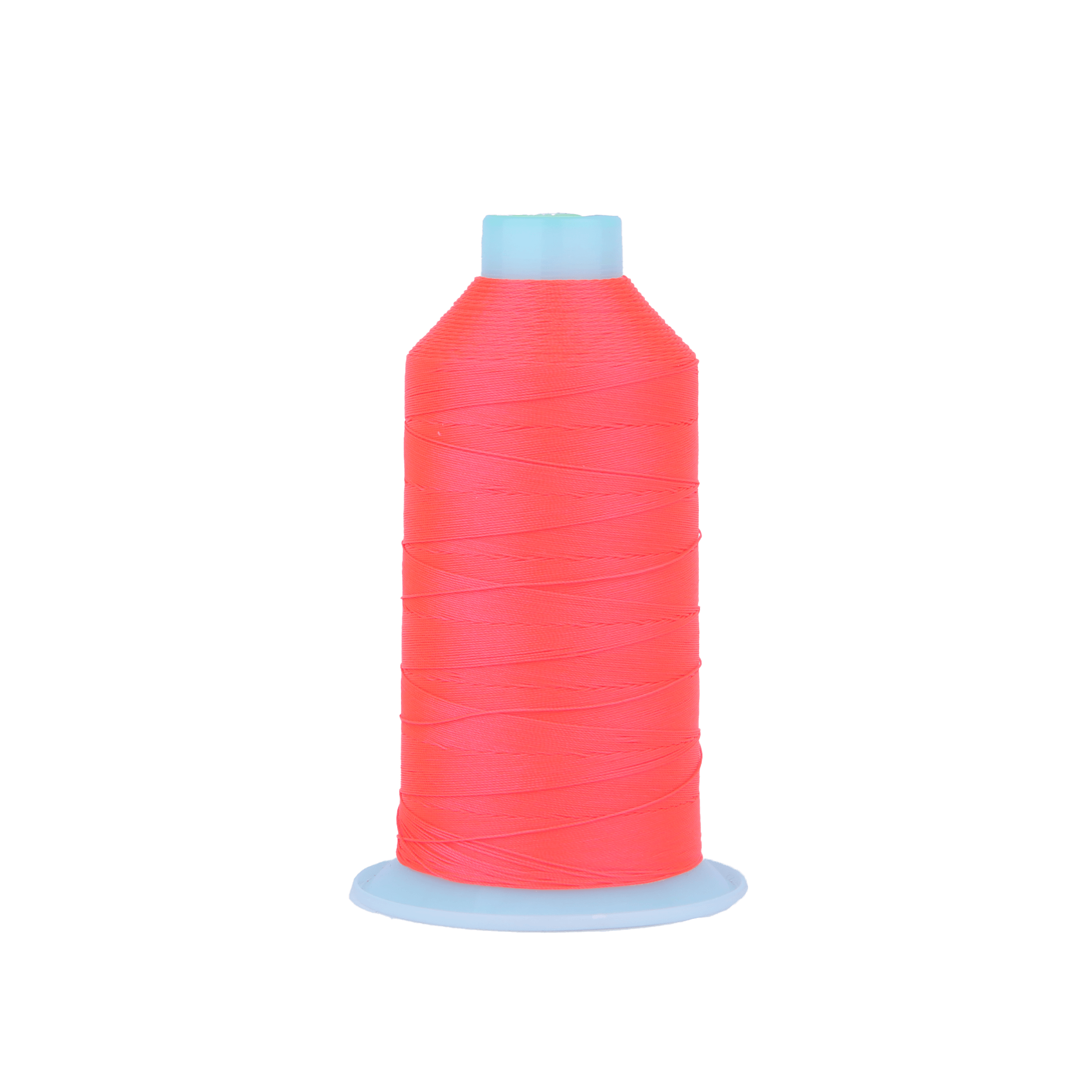 Close-up of a neon pink thread spool with a light blue cap at the top and base.