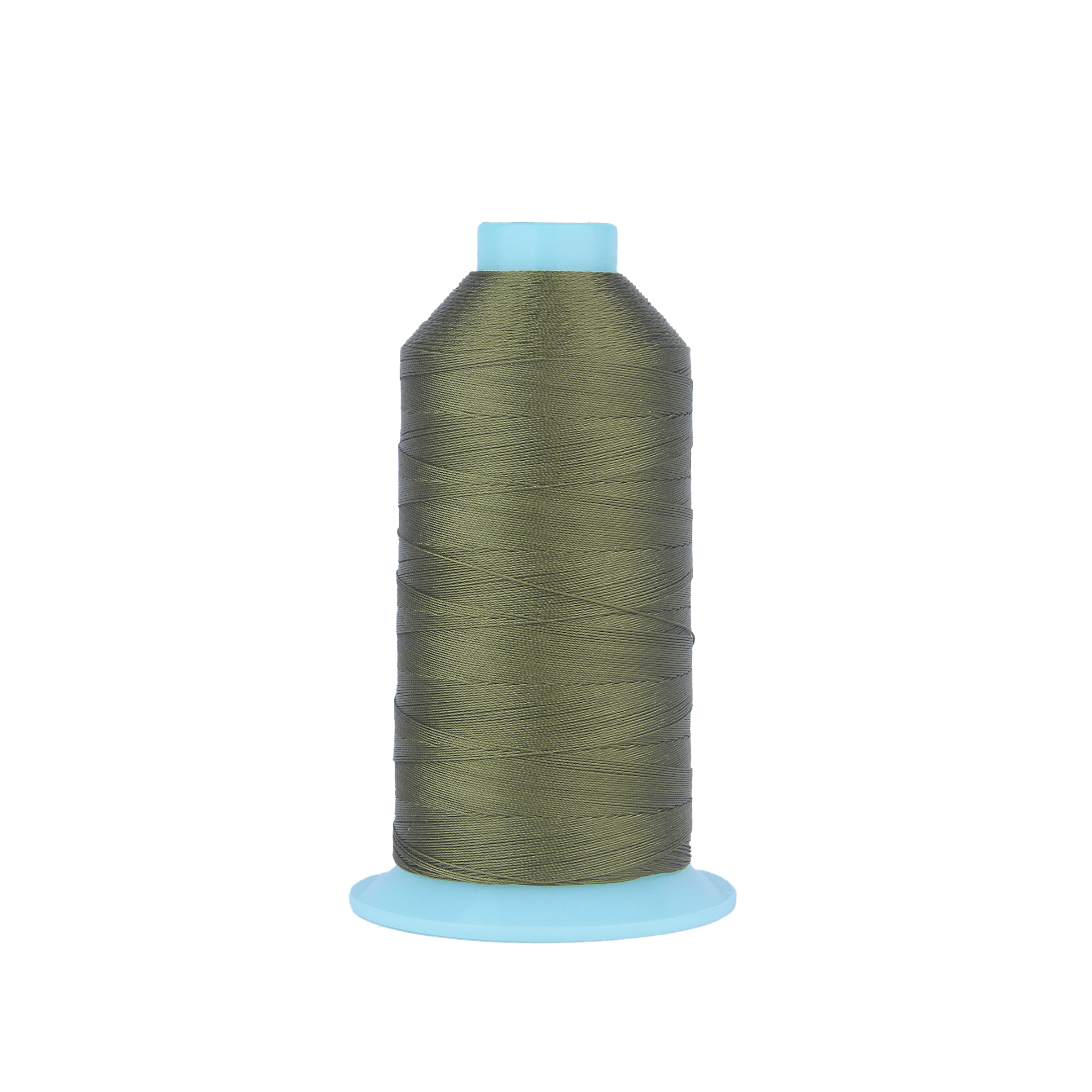Olive-green thread spool with a light blue cap on a black background.