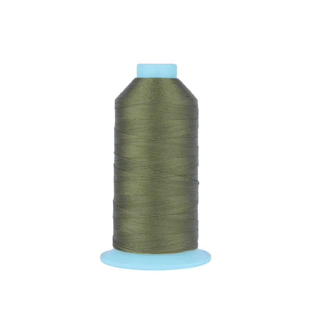 Spool of olive green sewing thread on a light blue plastic basebaseplate