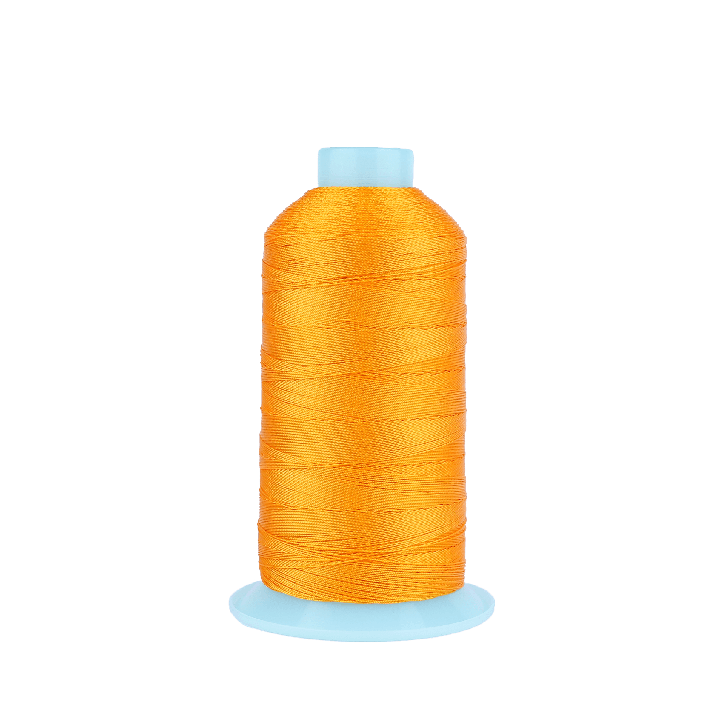 Close-up of bright orange thread neatly wound around a light blue plastic spool against a black background.