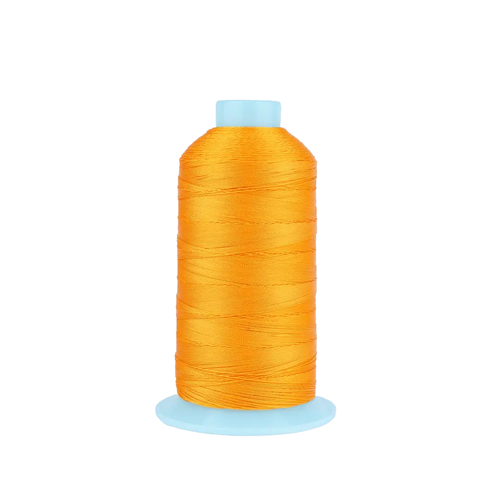 Close up of bright orange thread neatly wound around a light blue plastic spool against a black background