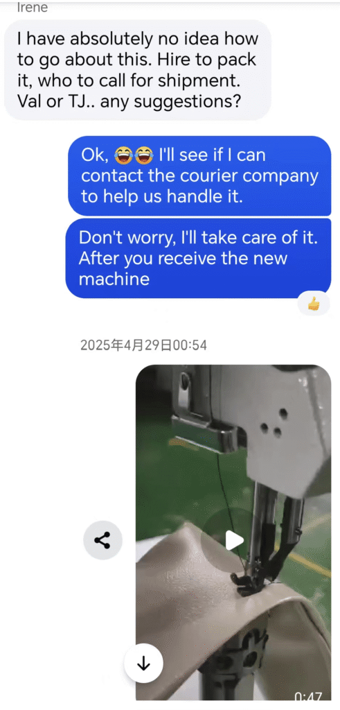 Chat about shipping a machine; one person asks for courier help and who to call, the other says they'll arrange it and handle delivery; sewing machine photo below.