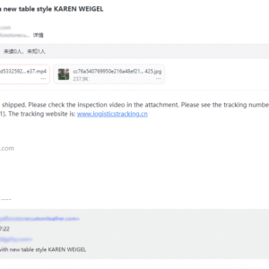 Email thread screenshot: Subject '1341 order with new table style KAREN WEIGEL' with sender info and dates shown.