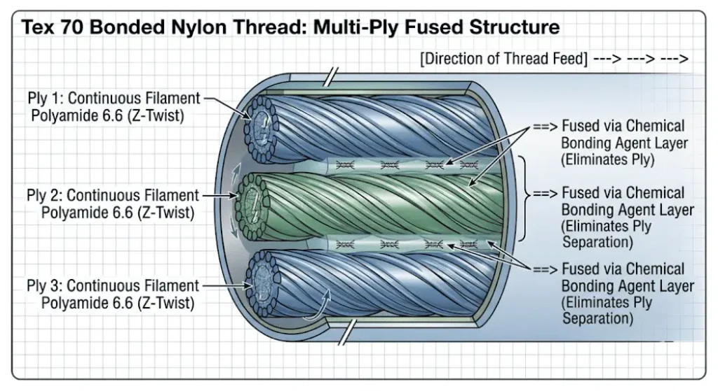A technical diagram illustration in a clean engineering schematic style with precise lines and legible typography based on the ASCII diagram The illustration shows a detailed cross section of a multi ply bonded nylon thread structure A central multi ply thread cylinder is sliced open revealing its internal composition of three distinct helically twisted plies Each ply callout is clearly labeled on the left Ply 1 Continuous Filament Polyamide 66 Z Twist Ply 2 Continuous Filament Polyamide 66 Z Twist Ply 3 Continuous Filament Polyamide 66 Z Twist Subtle graphics within the plies indicate the Z twist helical direction and the Polyamide 66 material structure Between the plies a translucent chemical bonding agent layer is shown and callouts with arrows point to these internal interfaces A brace groups the internal fusing points and callouts to the right contain the text == > Fused via Chemical Bonding Agent Layer Eliminates Ply Separation Stylized cross linking graphics within the bonding agent represent the fusing and cohesive state that unifies the plies A rounded outer boundary emphasizes the unified structure At the top right of the diagram callout text exactly as specified is included Direction of Thread Feed    >    >    > A clean border surrounds the entire diagram with a subtle engineering grid background The title at the top is Tex 70 Bonded Nylon Thread Multi Ply Fused Structure